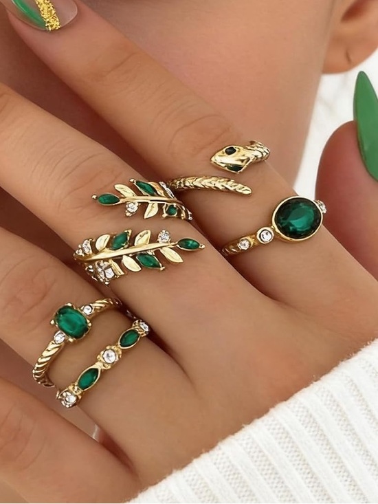 Anthropologie Jewelry - Anthropologie Gold Leaf & Emerald Green Stackable Ring Set
